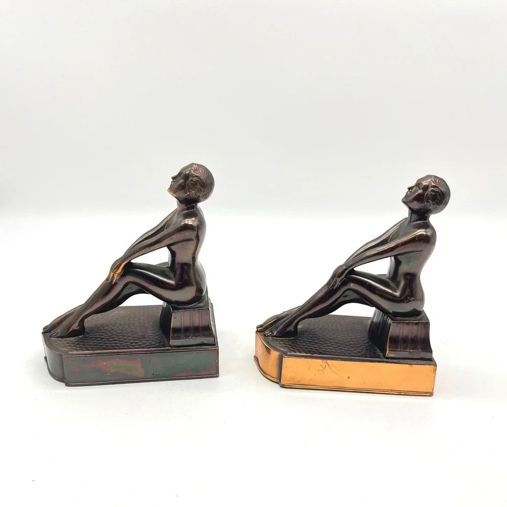 Vintage Art Deco Bronze Tone Clad Seated Nude Female Bookends Japan Pair Patina